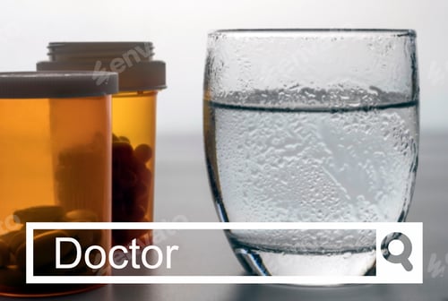Preview: Search In The Doctor Network, Glass Of Water Next To Blister Pack Of Pills, Conceptual Image