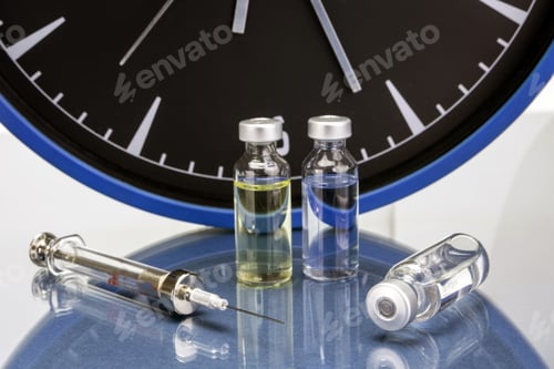 Preview: Medicine Vials And Syringe, The Clock Shows The Time Of The Medication