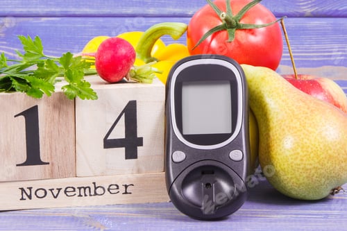 Preview: Date 14 November As Symbol Of World Diabetes Day, Glucometer For Measuring Sugar Level And Fruits