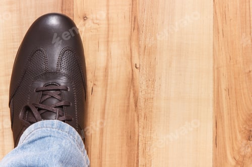 Preview: Brown Comfortable Shoes For Men On Rustic Board, Concept Of Male Footwear, Copy Space For Text