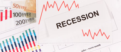 Preview: Inscription Recession, Currencies Euro And Downward Graphs Representing Financial Crisis Caused By