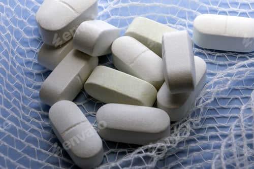 Preview: Some White Pills Wrapped In Gauze On A Blue Background