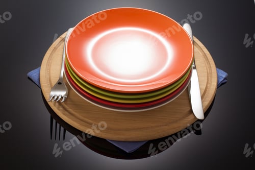 Preview: Plate And Fork With Knife At Cutting Board On Black Background