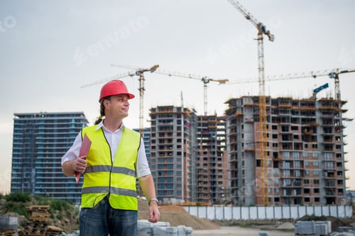 Preview: Foreman On A Construction Site Wearing Reflective West Working On Housing Project