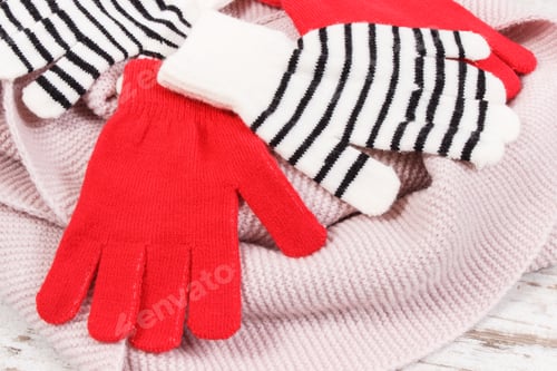 Preview: Woolen Womanly Gloves And Shawl Or Scarf, Warm Clothing For Autumn Or Winter Concept