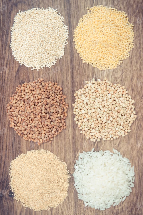 Preview: Vintage Photo, Gluten Free White Rice And Groats On Rustic Board, Concept Of Healthy Food And