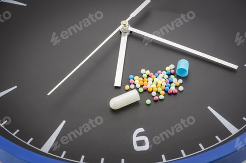 Preview: Open Red Capsule Pill With Ball Color Drug On Black Clock Background