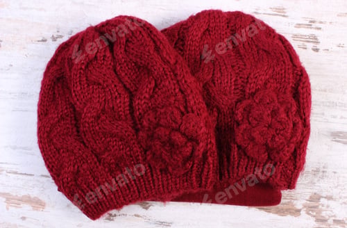 Preview: Woolen Cap For Woman On Old Rustic Wooden Background, Womanly Accessories, Warm Clothing For Winter