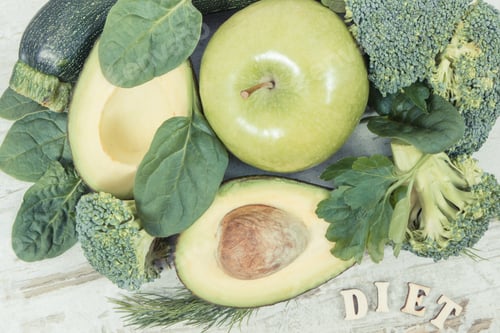 Preview: Vintage Photo, Natural Fresh Green Fruit And Vegetables As Source Vitamins And Minerals, Concept Of