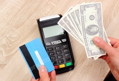 Preview: Currencies Dollar With Credit Card And Payment Terminal In Background, Credit Card Reader, Paying