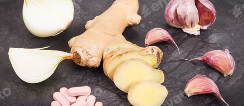 Preview: Medical Pills, Fresh Ginger, Onion And Garlic, Choice Between Healthy Nutrition And Supplements
