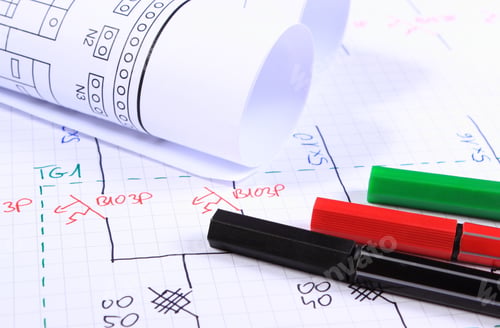 Preview: Rolls Of Electrical Diagrams And Accessories For Drawing Lying On Construction Drawings, Drawings