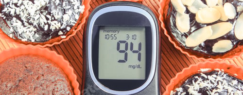Preview: Glucose Meter With Result Of Sugar Level And Fresh Baked Homemade Chocolate Muffins. Delicious