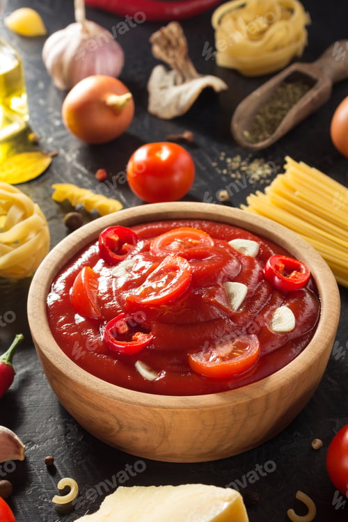Preview: Tomato Sauce In Bowl On Black Background Texture