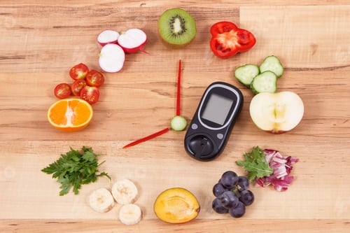 Preview: Glucometer With Clock Made Of Ripe Fruits And Vegetables, Concept Of Healthy Breakfast For Diabetics