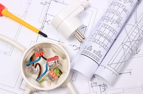 Preview: Copper Wire Connections In Electrical Box, Electric Plug And Rolls Of Electrical Diagrams On