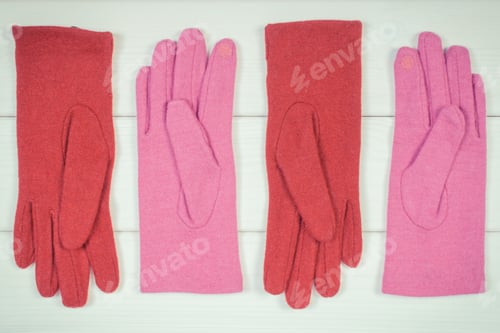 Preview: Vintage Photo, Woolen Womanly Gloves For Woman On White Boards, Warm Clothing For Autumn Or Winter