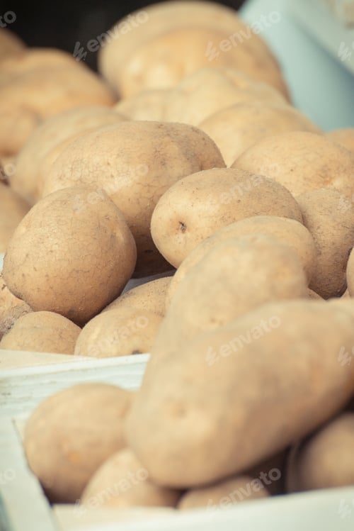 Preview: Fresh Ripe Potatoes In Wooden Box, Concept Of Healthy Nutrition And Vegetable Harvest