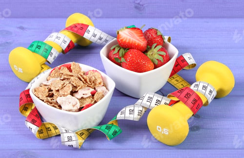 Preview: Fresh Ripe Strawberries With Wheat And Rye Flakes, Dumbbells For Fitness And Tape Measure, Concept
