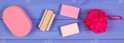 Preview: Cosmetics And Accessories For Personal Hygiene In Bathroom, Soap, Sponge, Bath Puff, Brush, Pumice
