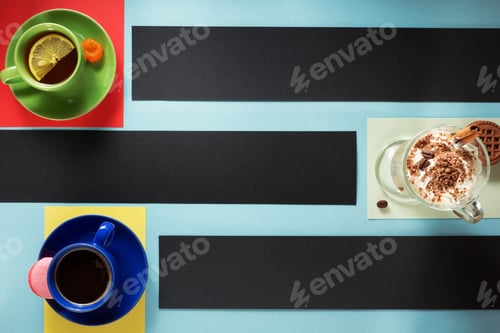 Preview: Cup Of Coffee And Ingredients At Colorful Background