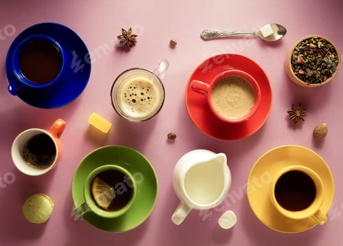 Preview: Cup Of Coffee, Tea And Cacao At Paper Background, Top View