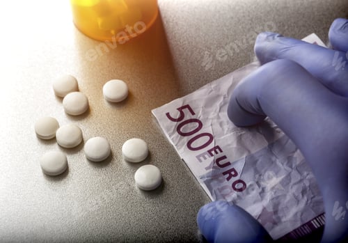 Preview: Doctor Supports Ticket For 500 Euros Along With A Boat Of Pills, Conceptual Imag