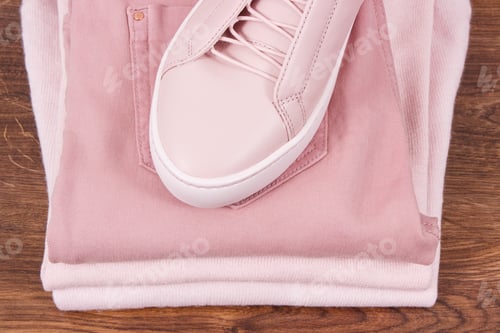 Preview: Womanly Pink Leather Shoes And Clothing Lying On Rustic Boards