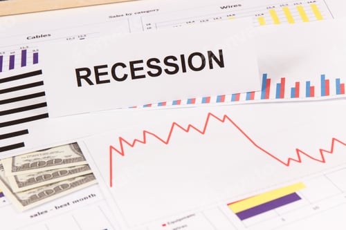 Preview: Inscription Recession, Currencies Dollar And Downward Graphs Representing Financial Crisis Caused