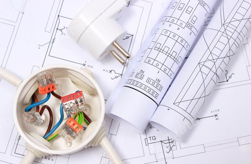 Preview: Copper Wire Connections In Electrical Box, Electric Plug And Rolls Of Electrical Diagrams On