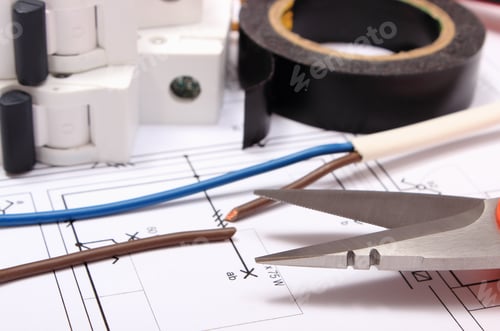 Preview: Cable Cutter, Electric Wire And Fuse, Insulating Tape Lying On Construction Drawing Of House