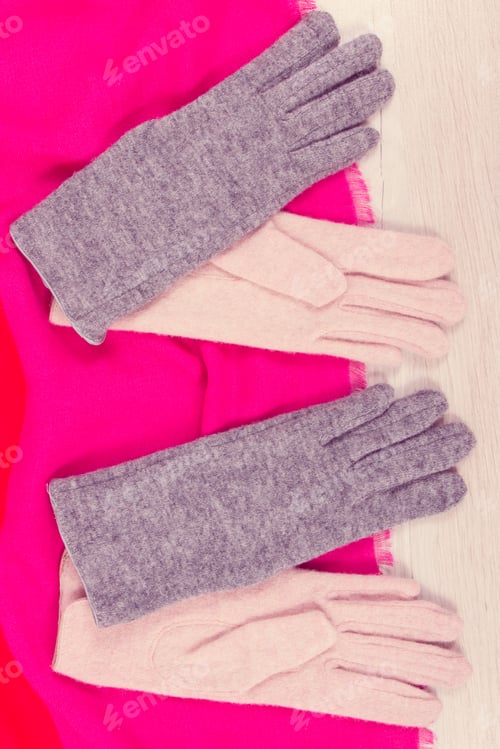 Preview: Colorful Gloves And Shawl For Woman Made Of Wool Or Cotton, Concept Of Warm Clothing For Autumn Or