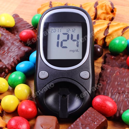 Preview: Glucose Meter With Heap Of Candies And Cookies On Wooden Table, Too Many Sweets, Concept Of