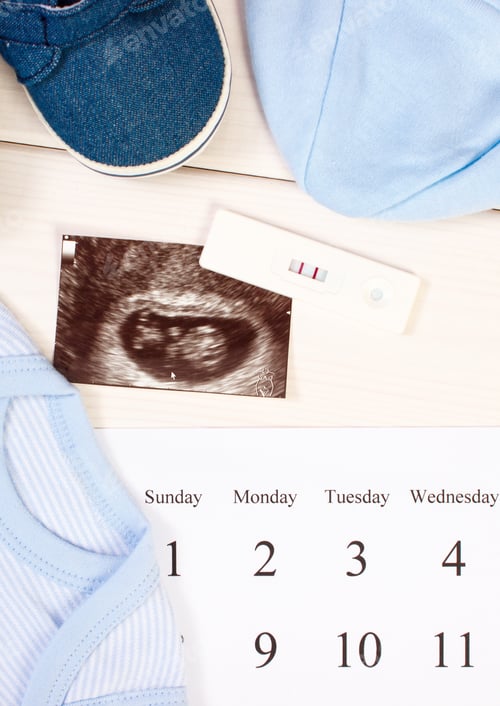 Preview: Pregnancy Test With Positive Result, Ultrasound Scan Of Baby, Clothing For Newborn And Calendar