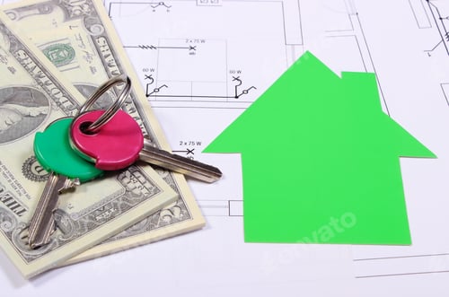 Preview: Heap Of Banknotes, House Of Green Paper And Home Keys On Construction Drawing Of House, Concept Of