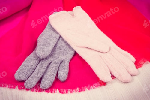 Preview: Colorful Gloves And Shawl For Woman Made Of Wool Or Cotton, Concept Of Warm Clothing For Autumn Or
