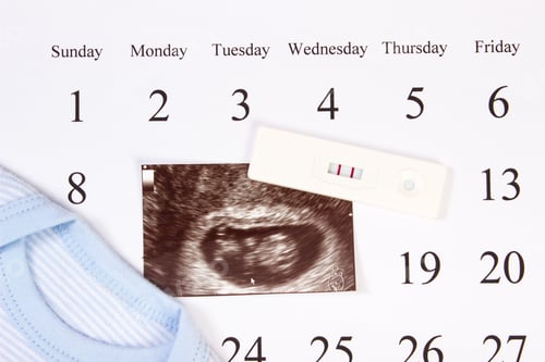 Preview: Pregnancy Test With Positive Result, Ultrasound Scan Of Baby And Clothing For Newborn On Calendar