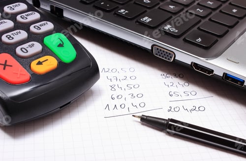 Preview: Payment Terminal With Laptop And Financial Calculations, Credit Card Reader, Finance Concept