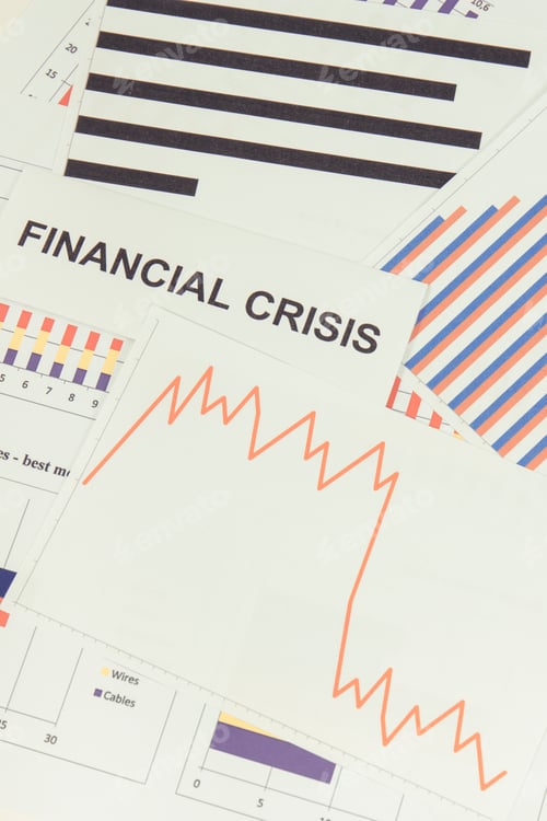 Preview: Inscription Financial Crisis And Downward Graphs Representing Financial Crash Caused By