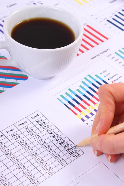 Preview: Analysis Of Sales Plan, Cup Of Coffee On Financial Chart, Business Report, Work Station With