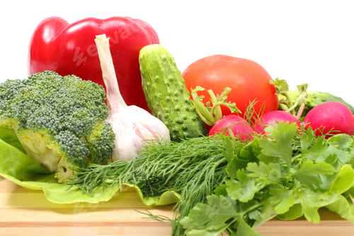 Preview: Fresh Ripe And Raw Vegetables Lying On Wooden Cutting Board, Desk Of Vegetables, Concept For