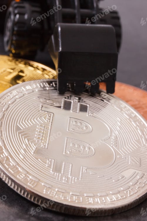 Preview: Bitcoins And Miniature Excavator, Symbol Of Electronic Virtual Money And Mining Cryptocurrency
