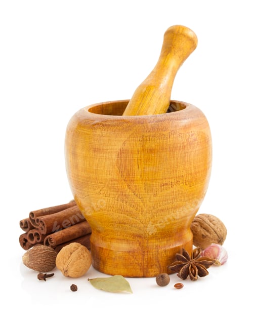 Preview: Mortar With Pestle And Spices On White Background