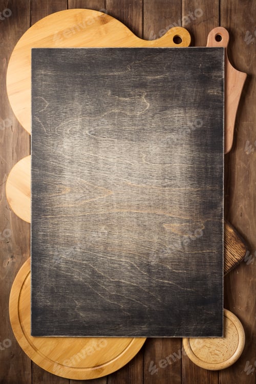 Preview: Pizza Cutting Board At Rustic Wooden Plank Board Background, Top View