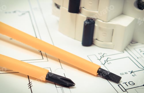 Preview: Screwdrivers With Electric Fuse On Electrical Plan Of House. Construction Diagrams, Accessories And
