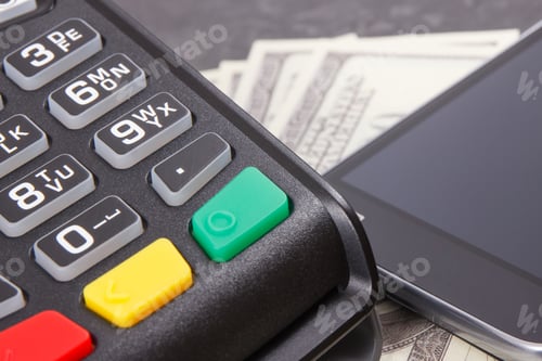 Preview: Payment Terminal, Money And Smartphone With Nfc Technology Using For Cashless Paying In Different