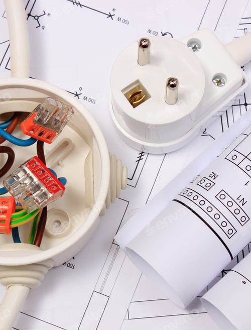 Preview: Copper Wire Connections In Electrical Box, Rolls Of Electrical Diagrams And Electric Plug On