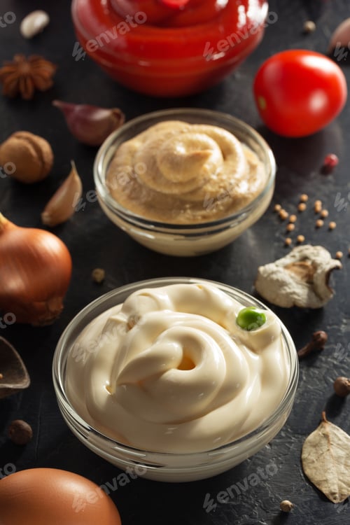 Preview: Tomato Sauce, Mayonnaise And Mustard In Bowl On Wooden Background