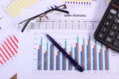 Preview: Pen, Glasses And Calculator On Financial Chart, Business Concept, Analysis Of Sales Plan, Business