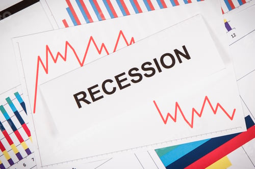 Preview: Inscription Recession And Downward Graphs Representing Financial Crisis Caused By Coronavirus. Risk